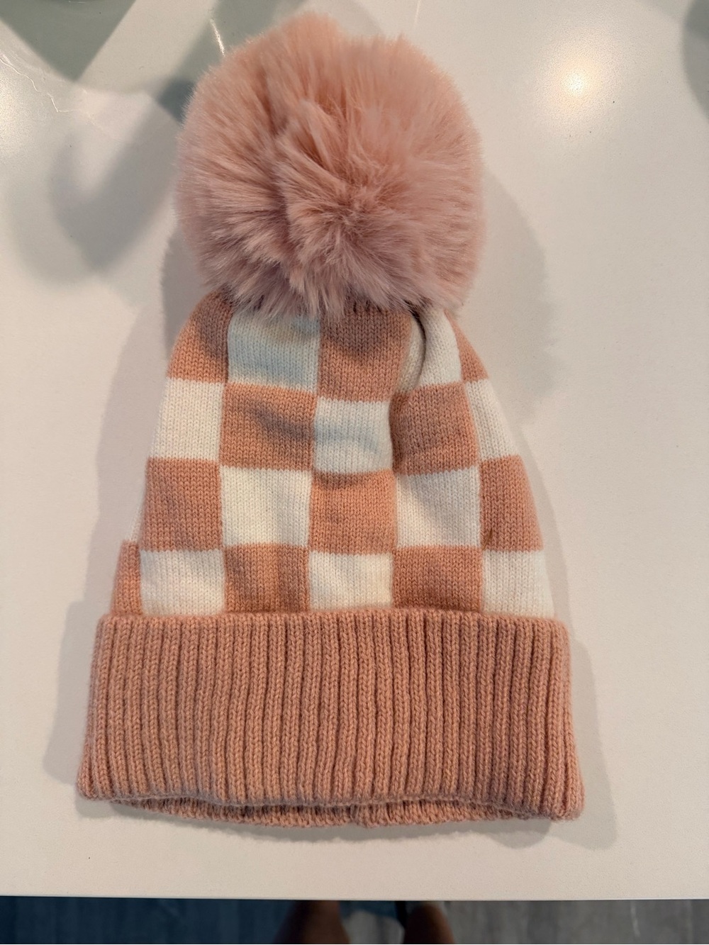 Pink Lily Pink & Cream Checker Pom Beanie